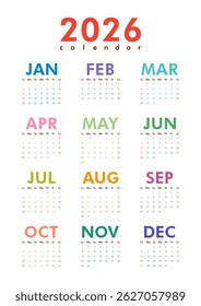 Colorful printable vertical 2026 calendar. Sunday start. Desk or wall A4 calendar