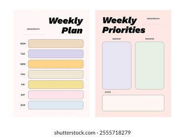 Colorful printable weekly planner template set for journaling, diary, productivity, goal setting, business, school, learning schedule, coaching