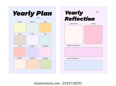 Colorful printable yearly planner template set for journaling, diary, productivity, goal setting, business, school, learning schedule, coaching