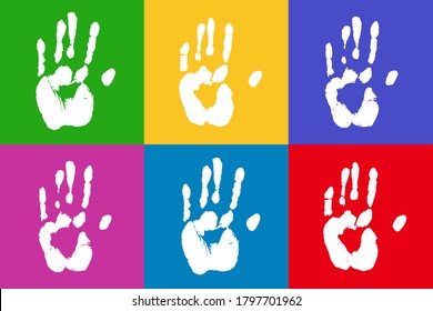 Colorful prints of human hands. Palm imprints in white over bright color. Vector grunge illustration. Unique, diversity concept.