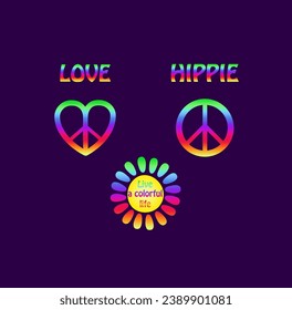 Colorful prints variation for tee, hoodie t shirt, bag, scrapbook, sweatshirt, hippy poster with 70s or 60s style with daisy, heart shape, hippie peace sign, love and hippie word on dark violet backgr