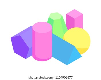 Colorful prisms set isolated on white background, pentagonal triangular shapes, sphere cuboid cylinder and blunted pyramid vector illustration