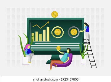 Colorful process payment method, three-woman processing on table monitor ,cash delivery online. history sales up the product. in the room concept