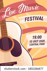 Colorful promo poster of live music festival vector flat illustration. Advertising flyer with acoustic guitar and place for text. Announcement template of concert or party with musical instruments