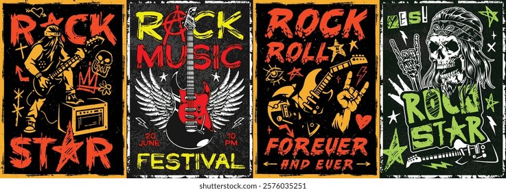 Colorful promotional artwork for a rock music festival featuring electric guitars skulls and vibrant designs that celebrate rock culture. Each piece conveys a lively energetic vibe.