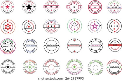 Colagem de crachá promocional colorida com estrelas multicoloridas, efeitos de carimbo circular e espaço para desconto personalizado ou texto de campanha