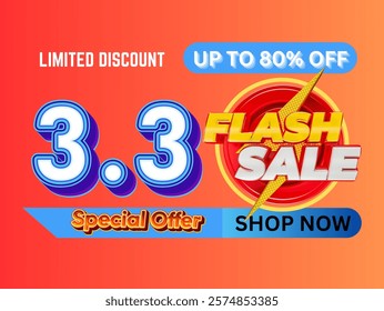 Colorful promotional banner featuring a 3.3 flash sale event with discounts up to 80%. Highlights special offers, vibrant designs, and immediate call-to-action "Shop Now" text for online retail.