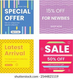 Colorful Promotional Banner Set for Sales, Discounts, and New Arrivals