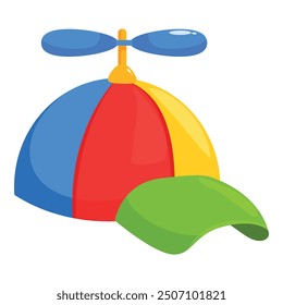 Colorful propeller cap with a green brim, a red center, a yellow side, and a blue side