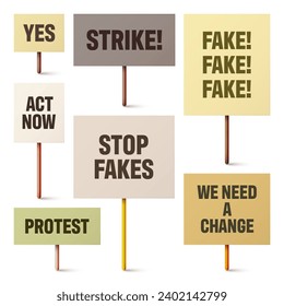 Colorful protest signs with slogan on wooden holder. Realistic vector demonstration banner. Strike action cardboard placard mockup