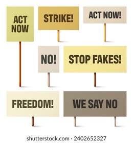 Colorful protest signs with slogan on wooden holder. Realistic vector demonstration banner. Strike action cardboard placard mockup