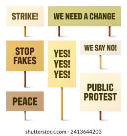 Colorful protest signs with slogan on wooden holder. Realistic vector demonstration banner. Strike action cardboard placard mockup