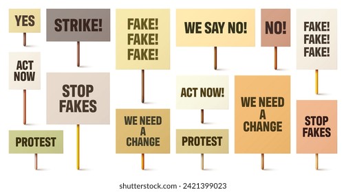 Colorful protest signs with slogan on wooden holder. Realistic vector demonstration banner. Strike action cardboard placard mockup