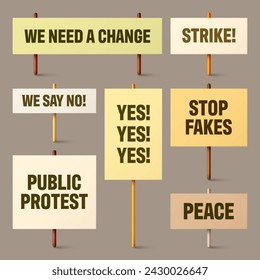 Colorful protest signs with slogan on wooden holder. Realistic vector demonstration banner. Strike action cardboard placard mockup