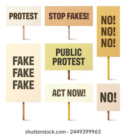 Colorful protest signs with slogan on wooden holder. Realistic vector demonstration banner. Strike action cardboard placard mockup