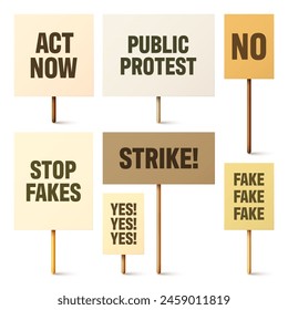 Colorful protest signs with slogan on wooden holder. Realistic vector demonstration banner. Strike action cardboard placard mockup