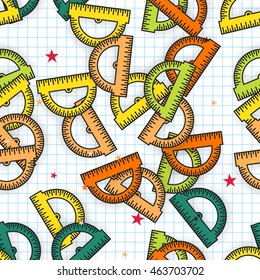 Colorful Protractor Ruler background. Back to school symbol. Seamless pattern Office Supply Objects. Vector illustration.