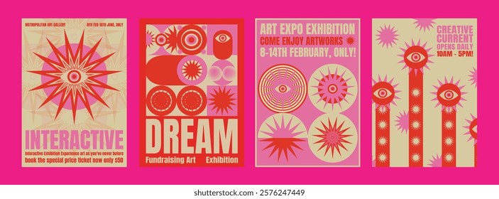 Colorful psychedelic art exhibition posters with bold designs, featuring stars and eyes. Art exhibition, interactive experience, and creative events. Psychedelic retro poster template vectors.