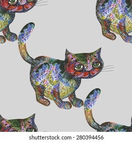 Colorful psychedelic cat. Seamless.