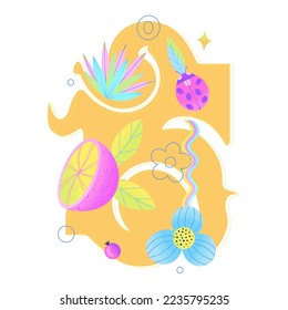 Colorful psychedelic composition with citrus fruit, flowers, ladybug and yellow abstract background blot. Contemporary Art. Warm and summer mood. Cover of notebook, print on t-shirt, poster, sticker