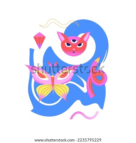 Colorful psychedelic composition with head of three-eyed cat, butterfly, pencil and abstract background blot. Contemporary Art. Cover of notebook, print on t-shirt, poster, sticker