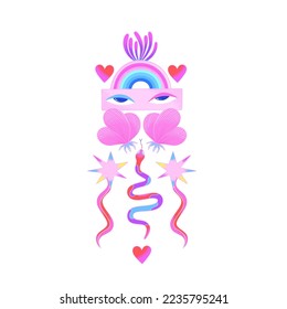 Colorful psychedelic composition with human eyes, snakes, stars, rainbow isolated on white background. Contemporary Art. Abstract design. Cover of notebook, print on t-shirt, poster, sticker