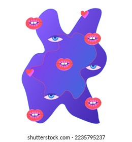 Composición psicodélica colorida con labios, ojos, corazones y fondo azul ondulado. Diseño abstracto de arte contemporáneo. Cubierta del cuaderno, imprimir en camiseta, afiche, pegatina
