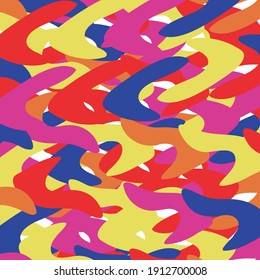 Colorido fondo psicodélico confetti rojo, amarillo, naranja, azul y rosa.