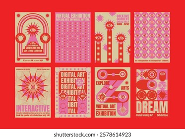 Colorful psychedelic digital art exhibition posters with bold text and abstract designs in pink. Virtual exhibition, creative art. Psychedelic retro poster template vectors.