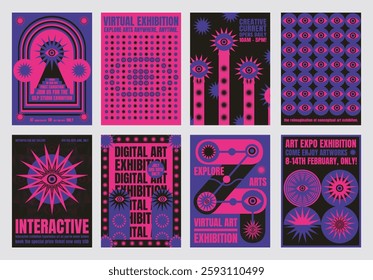 Colorful psychedelic digital art exhibition posters with bold pink and blue designs. Virtual exhibition themes, interactive art, and creative displays. Psychedelic retro poster template vectors.