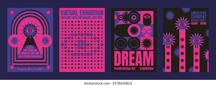 Colorful psychedelic exhibition posters with abstract designs. Bold colors, abstract shapes, and eye motifs. Art exhibition, creative design themes. Psychedelic retro poster template vectors.