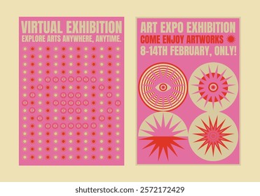 Colorful psychedelic exhibition posters with bold text. Virtual exhibition details. Art expo exhibition. Eye-catching designs with vibrant colors. Psychedelic retro poster template vectors.