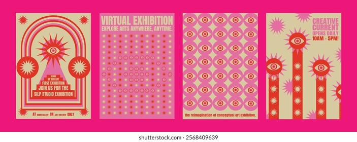 Colorful psychedelic exhibition posters with eye motifs. Bold designs, Creative exhibition art with vibrant eye patterns. Psychedelic retro poster template vectors.