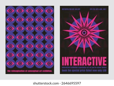 Colorful psychedelic exhibition posters with eye patterns and starburst design. Interactive art exhibition. Bold colors and striking visuals. Conceptual art. Psychedelic retro poster template vectors.