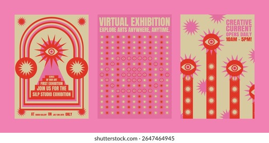 Cartazes coloridos de exposição psicodélica com motivos para os olhos. Detalhes da exposição virtual. Design criativo com cores vibrantes. Gráficos arrojados. Vetores de modelo de poster retro psicodélico.