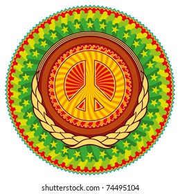 Colorful psychedelic hippie emblem with peace sign. Vector illustration.