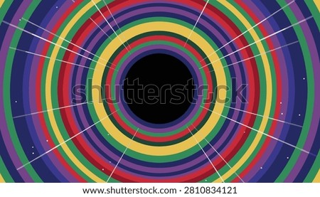 Colorful psychedelic hypnotic space tunnel with vibrant concentric circles and glowing white light rays radiating from a central black hole.