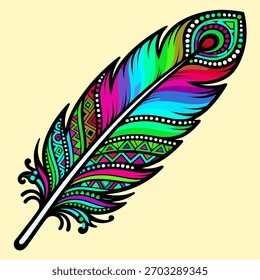 Una ilustración colorida y psicodélica de una sola pluma en un estilo retro maximalista de los años 70.