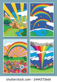 Colorful Psychedelic Landscapes Set, 1960s, 1970s Hippie Art Style, Hand Drawn Posters, Rainbows, Clouds, Flowers