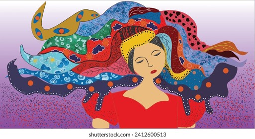 colorful psychedelic line art with a dreaming girl,  doodles and lines abstract vector illustration
