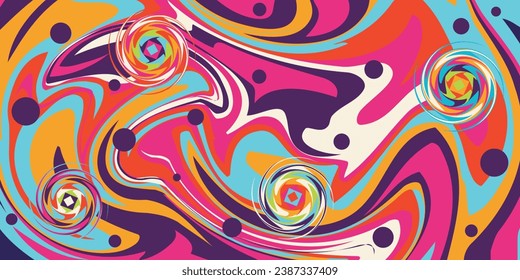 Colorful Psychedelic Liquid Marble and swirl with dots. Groovy pink purple blue yellow background vector illustration 70s 80s Retro banner