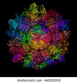 colorful psychedelic mandala on a black background