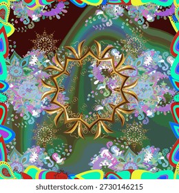 Patrón de Vector sin fisuras de mandala psicodélico colorido con brillantes adornos florales de geometría sagrada dorada sobre fondo cósmico. Diseño decorativo Abstractas para Fondo de pantalla, tela, embalaje digital ar.