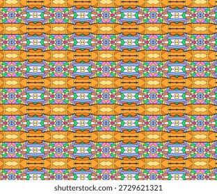 Padrão de mosaico psicodélico colorido com simetria arrojada, formas abstratas, fundo sem emenda vibrante, design retro perfeito para têxteis e papéis de parede.