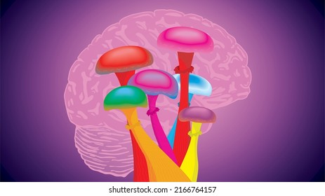 Colorful psychedelic mushrooms with brain in background. Research effects. Dimensioin 16:9. Vector illustration.