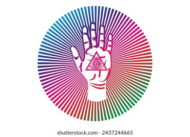 Colorful psychedelic open palm with all seeing eye sacred Masonic symbol, third eye of Providence, triangle pyramid. New World Order.  alchemy icon, religion, spirituality, occultism. Magic Vector 
