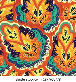 Colorful psychedelic ornamental pattern with abstract lace plant elements.