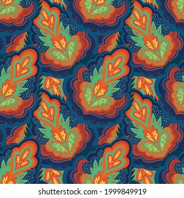 Colorful psychedelic ornamental pattern with abstract lace plant elements.