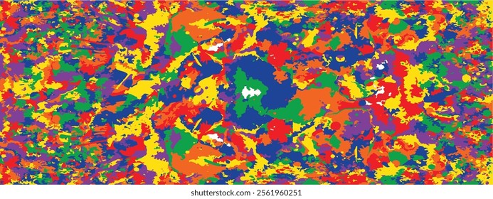 Colorful and psychedelic paint splatter background. Bright background. LGBT leather texture. grunge chaotic zigzag rainbow elements. Abstract backdrop. EPS vector illustration