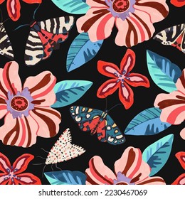 Colorful psychedelic pattern with abstract tropical flowers and moths for fabric, wrapping paper. Vector illustration